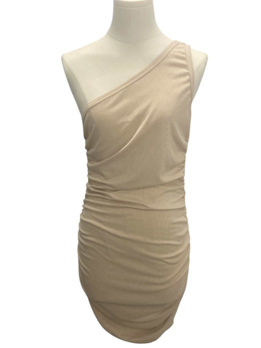 Blushmark One-Shoulder Ruched Bodycon Dress in Beige size L